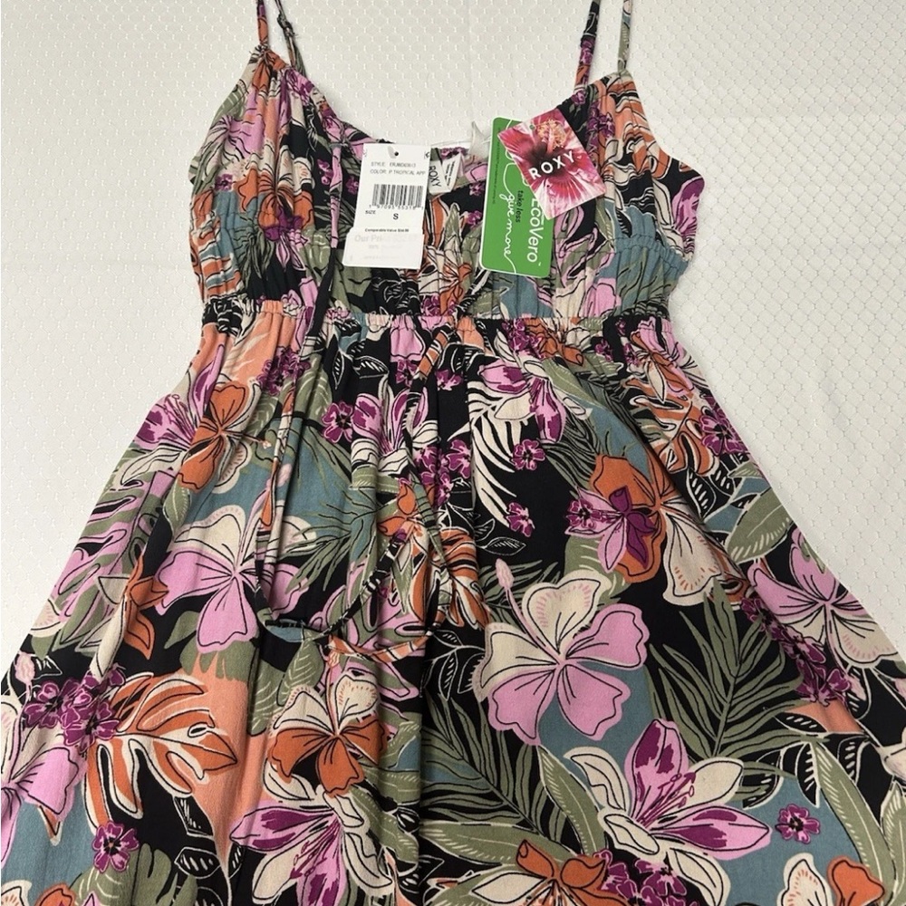 Roxy Tropical EcoVero Beachy Floral Midi Linen Spaghetti Strap Dress Size S. NWT - Picture 4 of 10